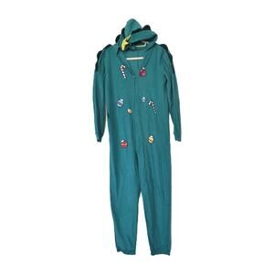 Vtg Christmas Tree One Piece Outfit Adult M Fleece Funny Pajamas Hooded Star